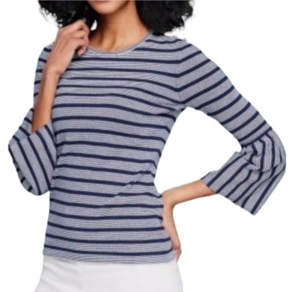 J. McLaughlin Daryn Striped Bell Sleeve Sweater Cotton Blend Navy/White Size XL